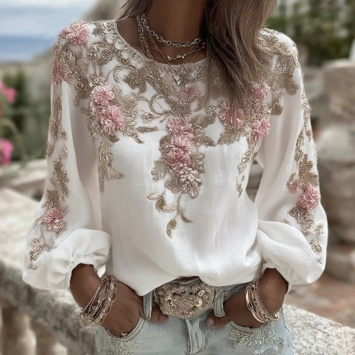 Women's Vintage Pink Rose Embroidery Art Round Neck Long Sleeve Linen Blend T-shirt