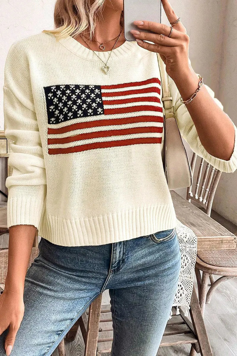 American Flag Pattern Knit Drop Shoulder Long Sleeve Sweater