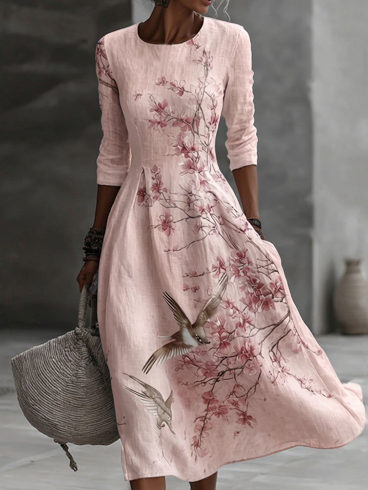 Japanese Plum Blossom Art Embroidered Casual Linen Maxi Dress