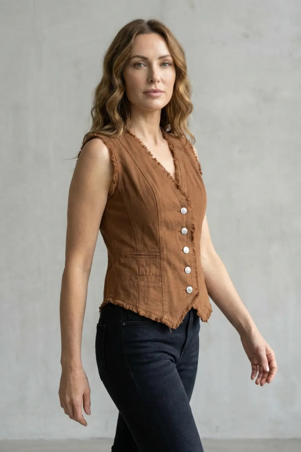 Distressed Button Denim Vest – Western-Inspired Statement Piece