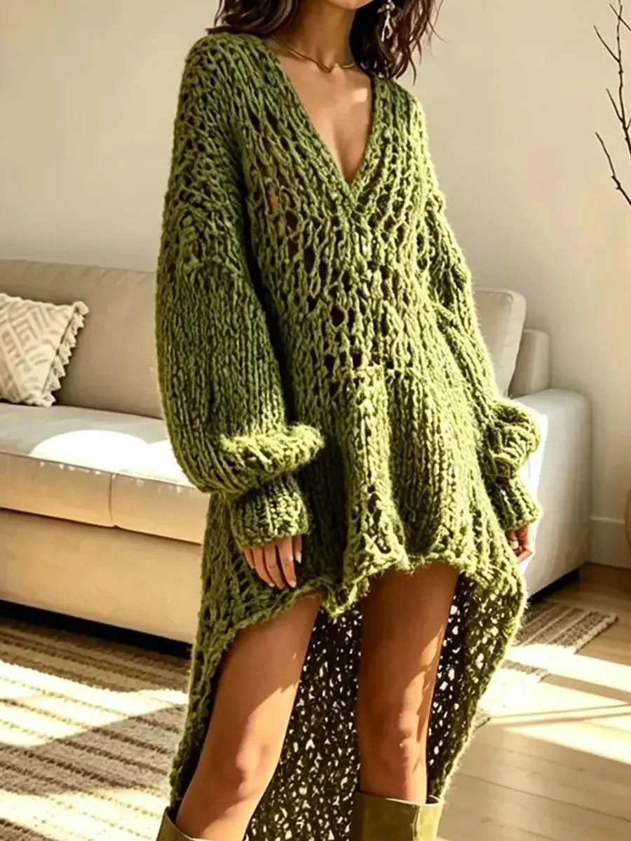 Retro V Collar Knitted Art Casual Stylish Long Sleeve Maxi Dress