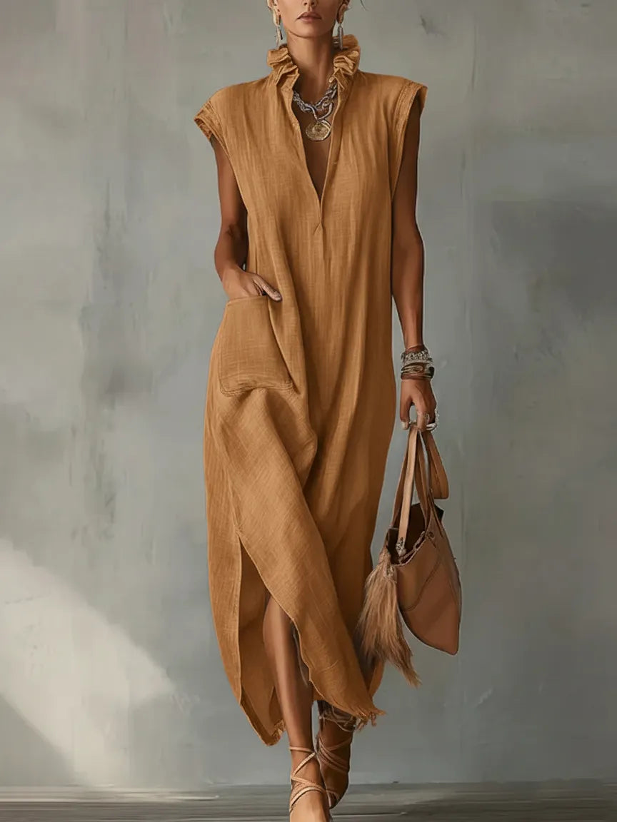 Elegant Ruff Collar Fashion Linen Cotton Midi Dress