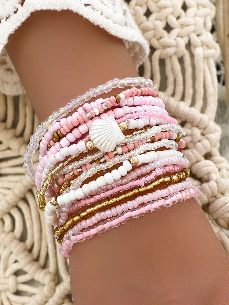 Boho Colorful Beaded Multi-layer Rice Bead Shell 17-piece Bracelet Set
