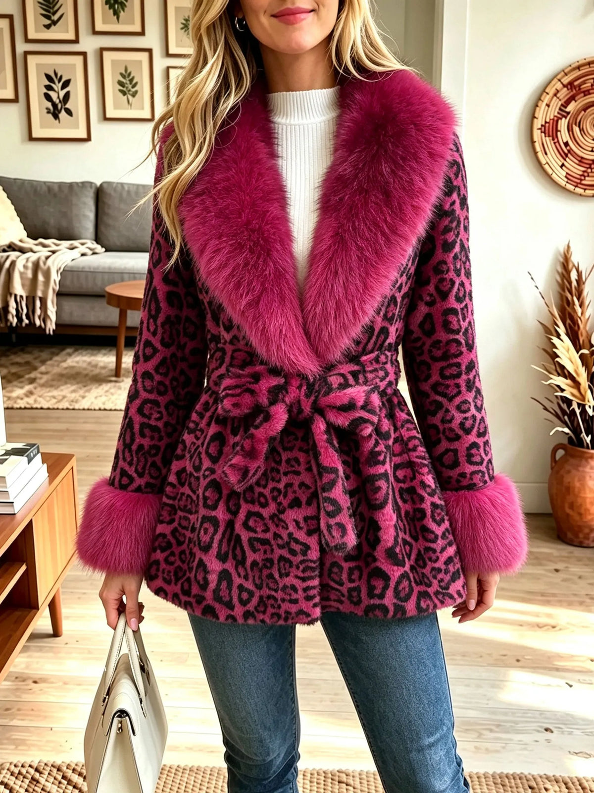 Leopard Print Faux Fur Collar Belted Coat, Women Waist‐Tie Winter Jacket