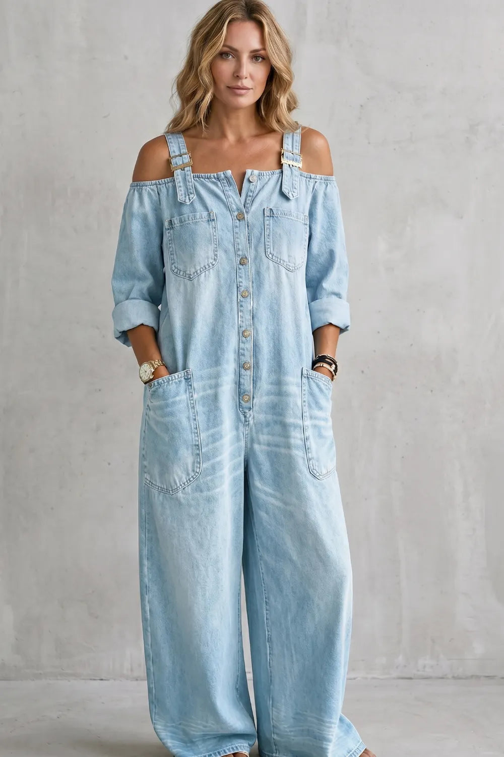 Off-shoulder utility charm – Wide-leg overalls