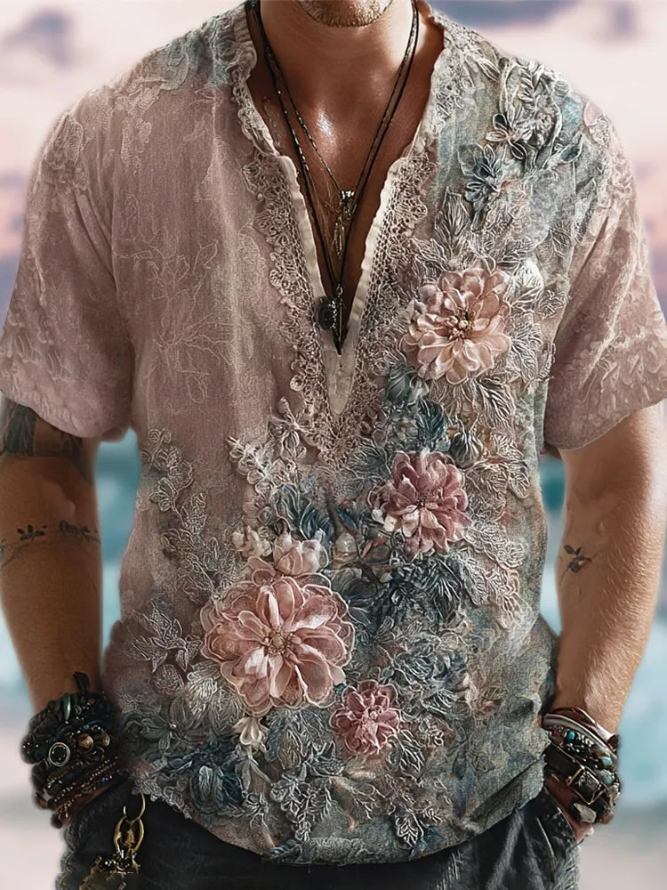 Vintage Gauze Cubic Floral Boho Style Men's Linen Short Sleeve Shirt