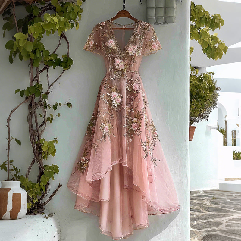Women's Vintage Floral Art Flowy Linen Blend V Neck Maxi Dress