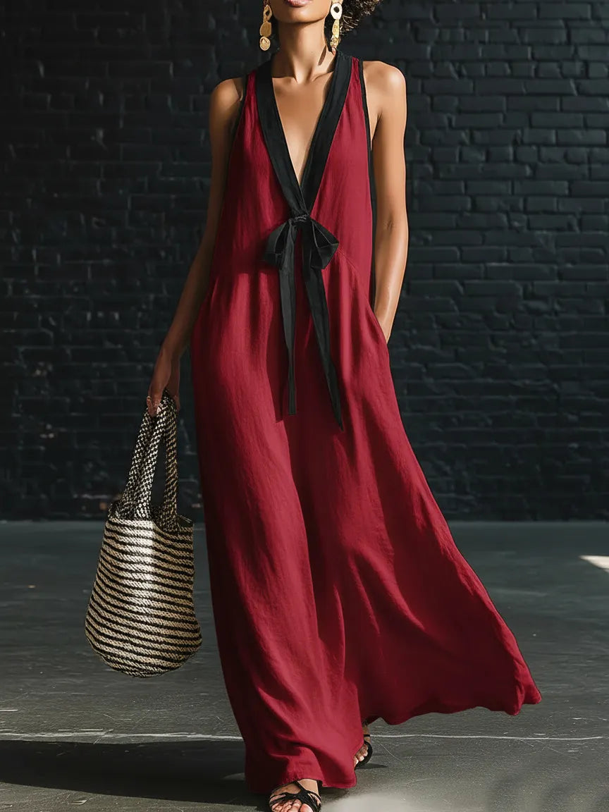Classic Elegant Color-blocked Tie-neck Maxi Dress