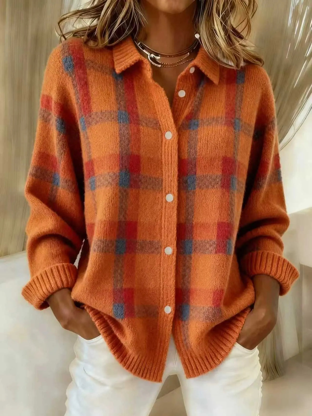 Women Loose Long Sleeve Plaid Collared Button‐front Knit Cardigan Sweater