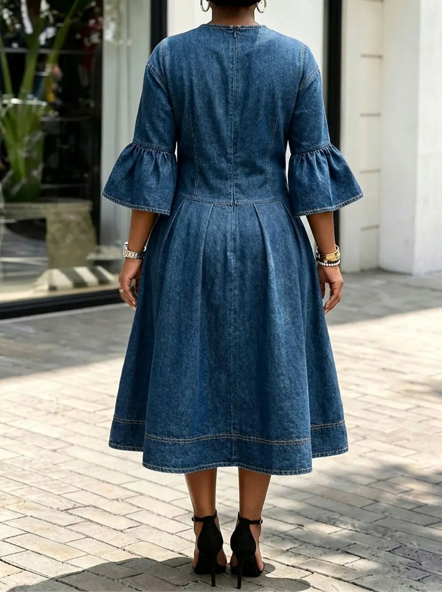 Women Diagonal Gold Buttons Denim Midi Dress Flared 3/4 Sleeve A‐Line Pleated Dress With Pockets