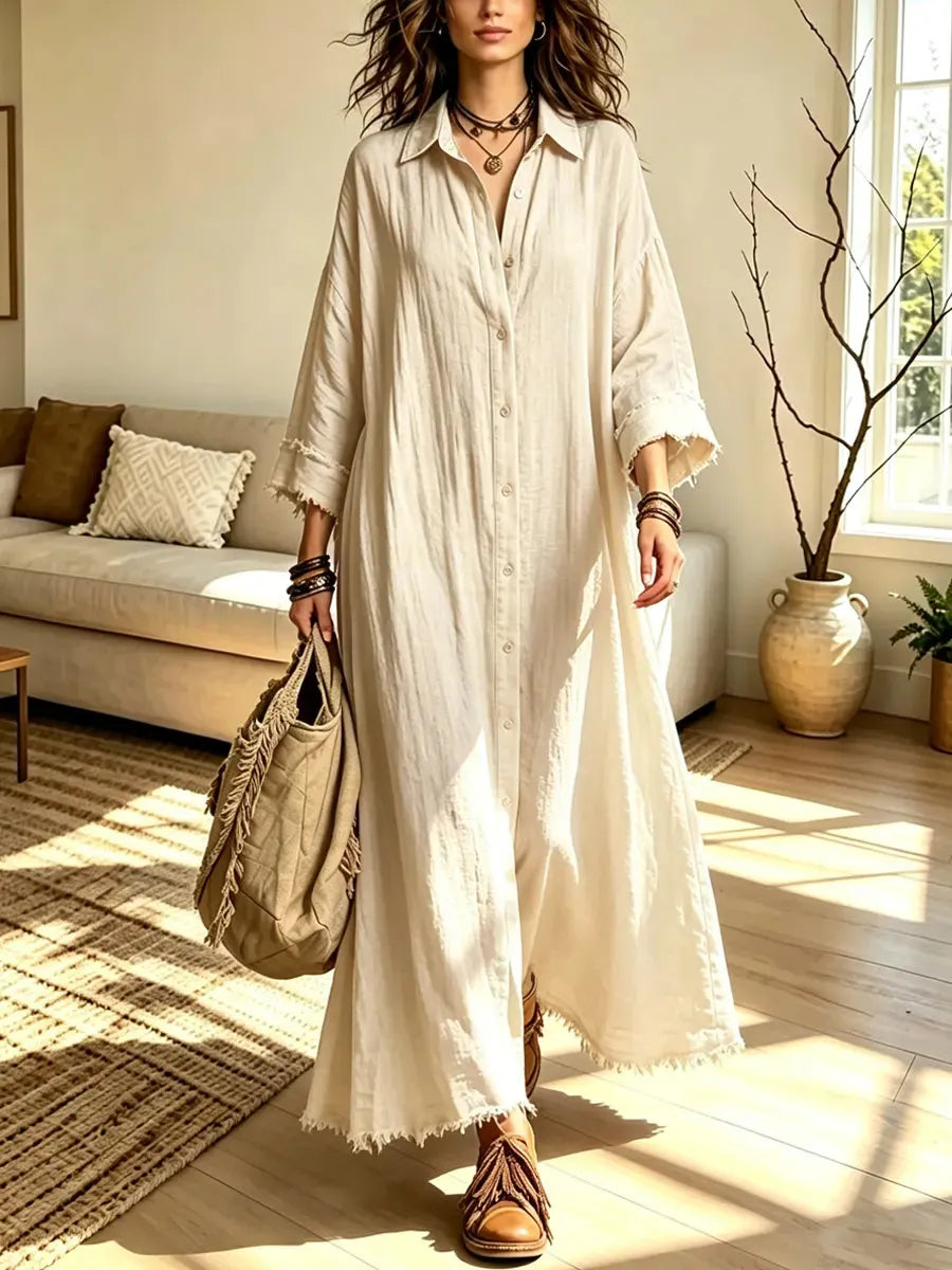 Retro Lapel Art Button Casual Stylish 3/4 Sleeve Cotton Linen Maxi Dress