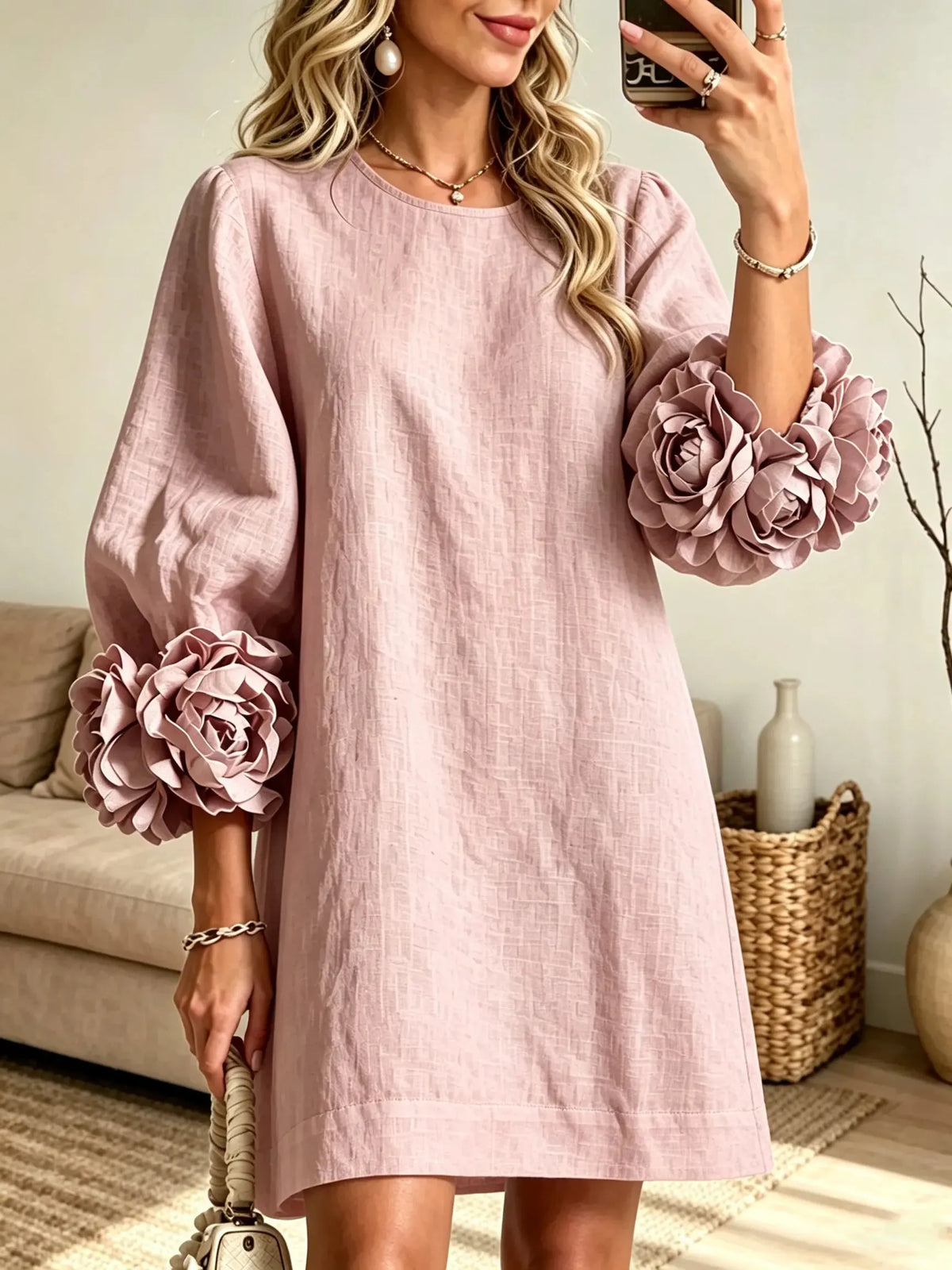 Women's 3D Floral Sleeve Linen Shift Dress