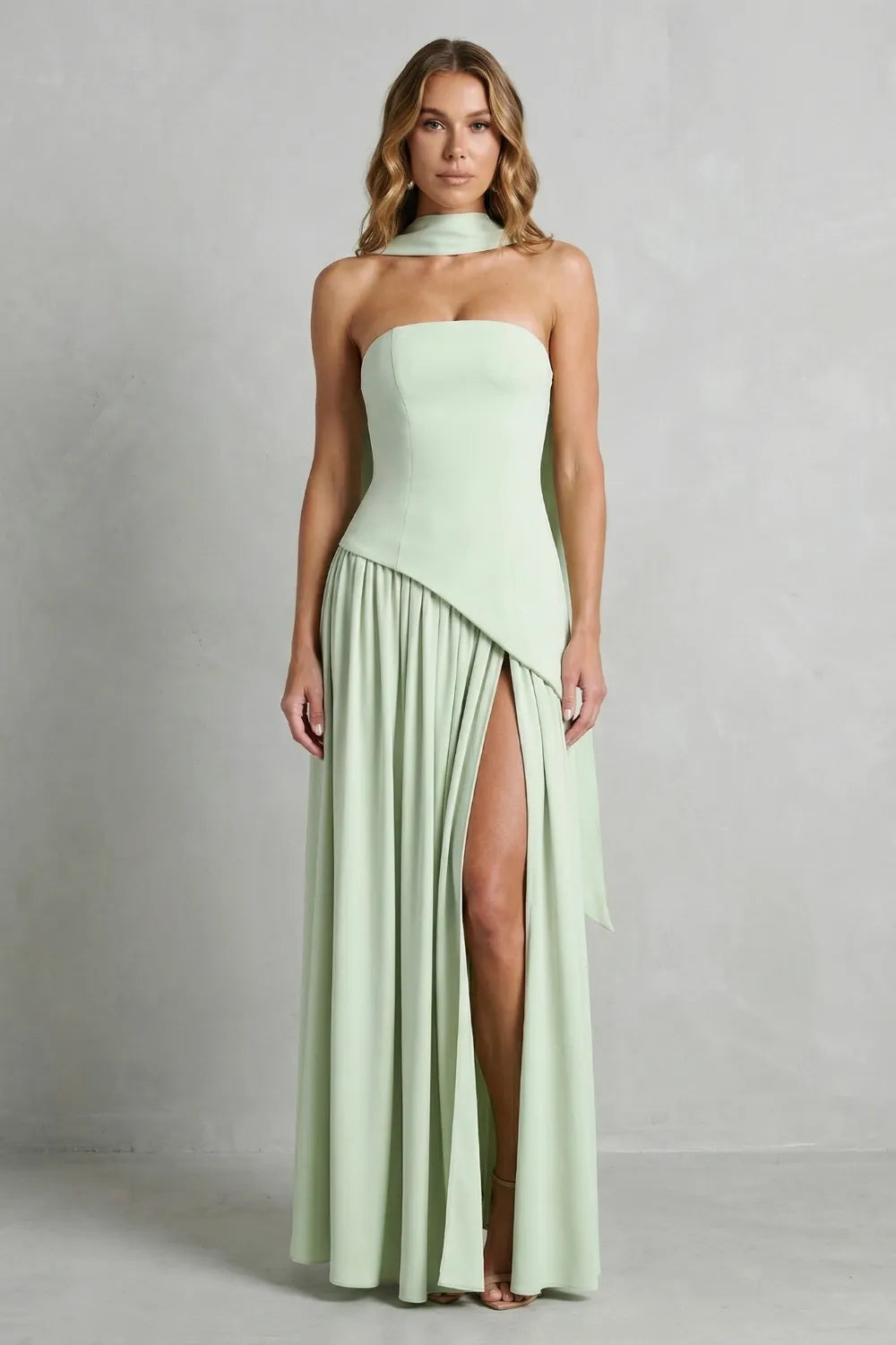 Asymmetric drape accent – Strapless formal gown