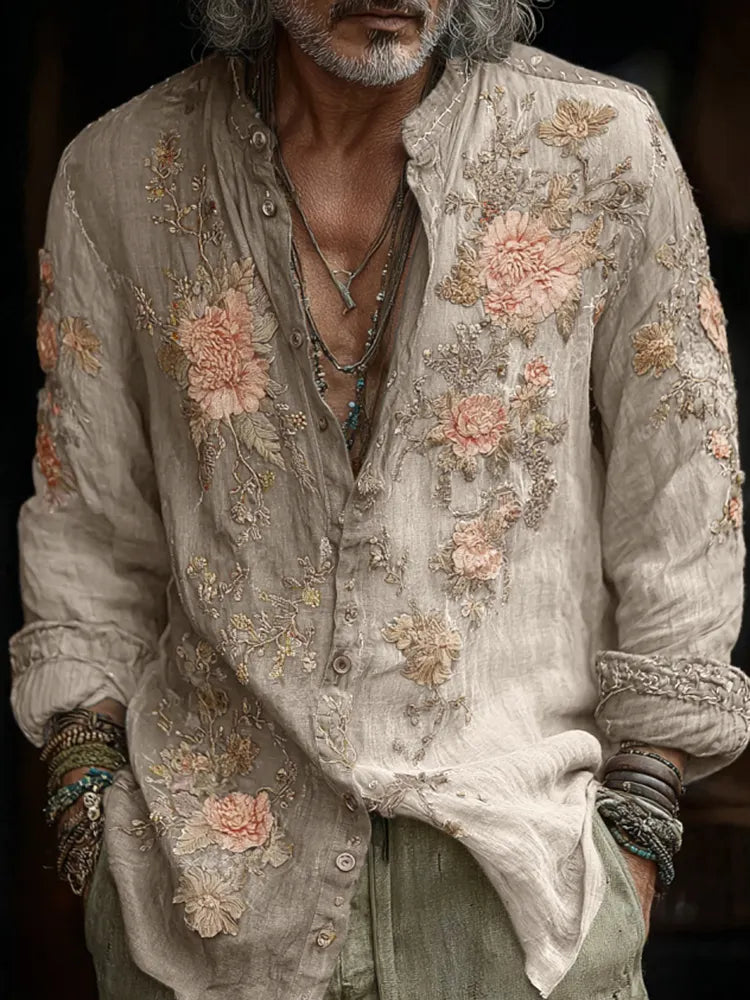 Men's Vintage Floral Embroidered Comfy Linen Shirt