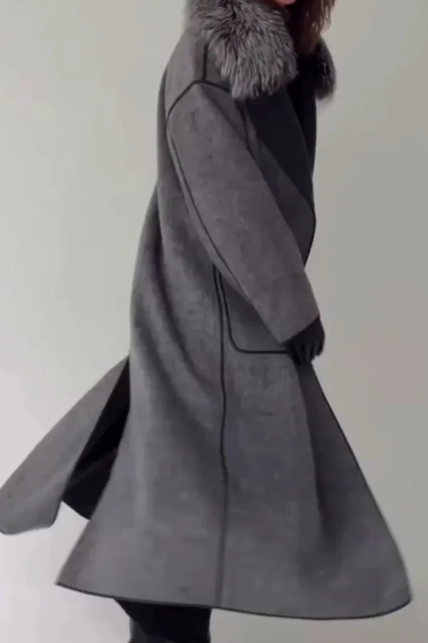 Women Casual Fur Collar Cross Tie Contrast Line Coat