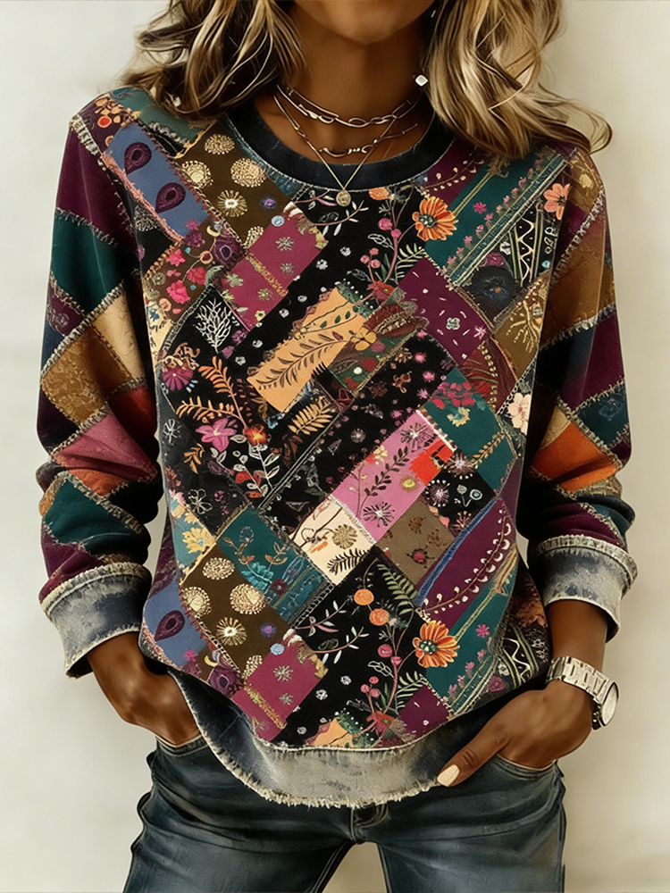 Vintage Plant Flower Patchwork Pattern Relaxed Long-sleeve Sweatshirt