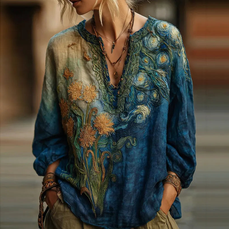 Vintage Oil Painting Inspiration Floral Embroidered Flowy V Neck Shirt