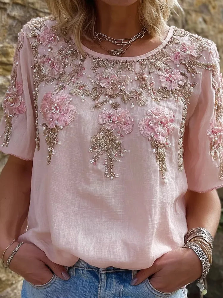 Vintage Pink Flowers Glitter Embroidered Linen Shirt