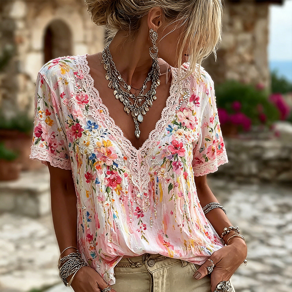 Women's Oil Painting Floral Art Print Linen Blend V-neck Short Sleeve Top