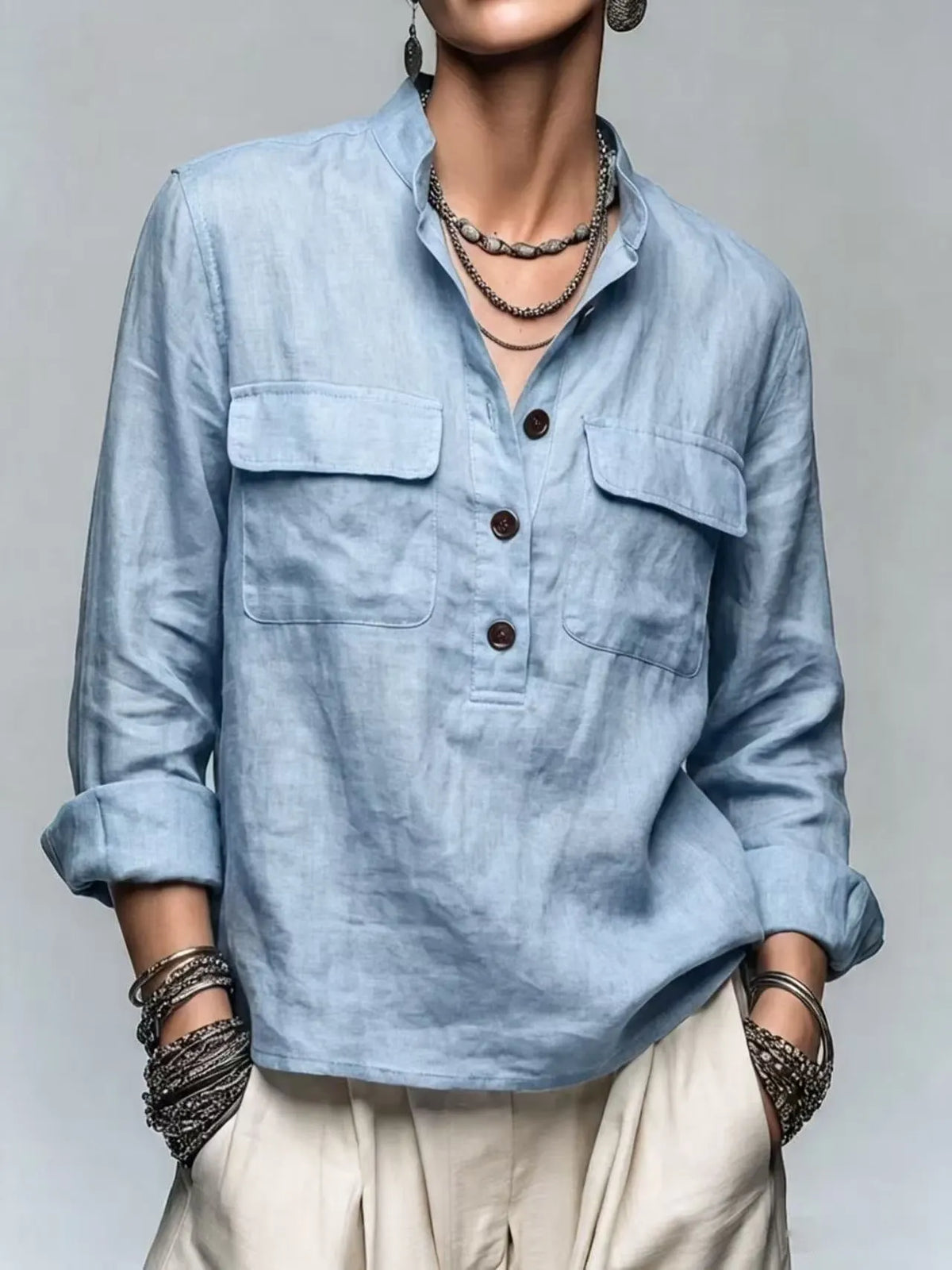 Stand Collar Half Button Pocket Linen Blend Blouse, Women Roll‐Up Long Sleeve Top