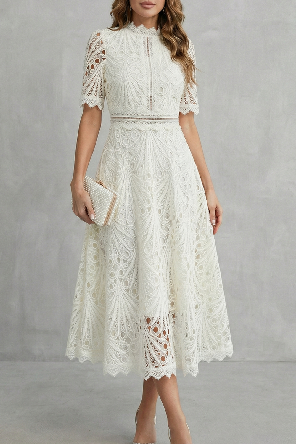 Ornate lace refinement – High-neck midi dress