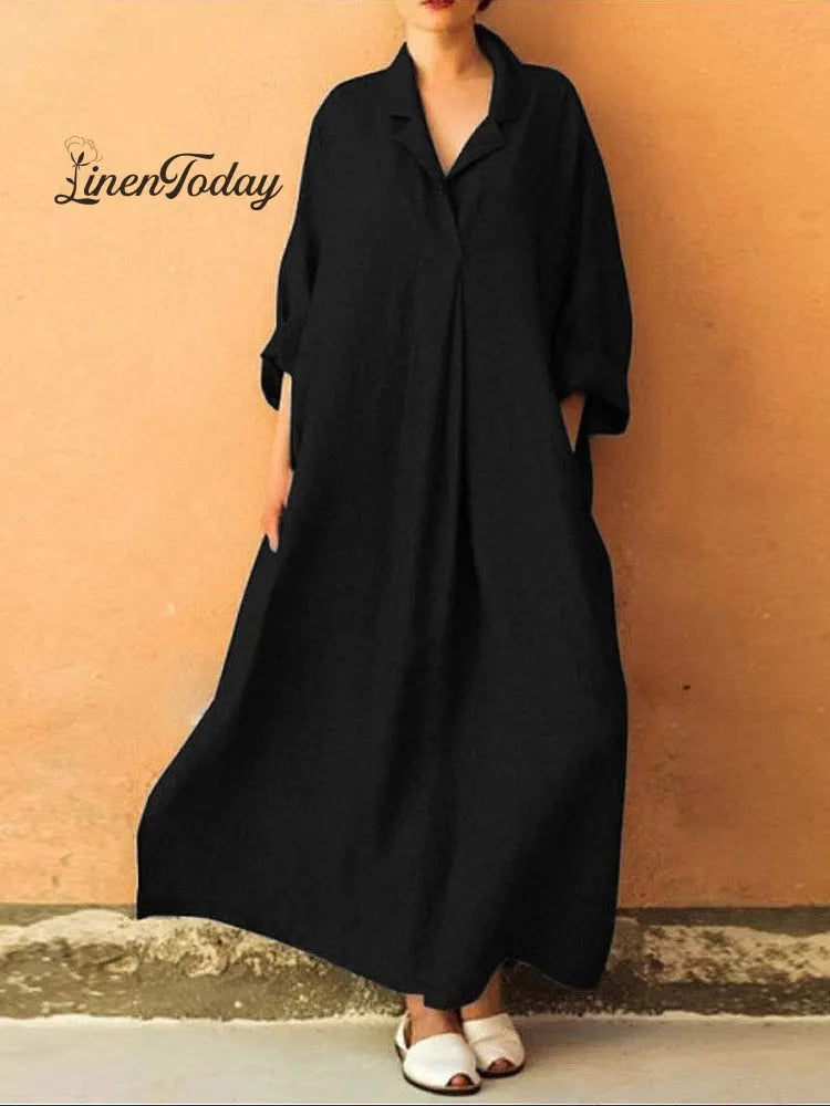 Women's Stylish Casual Loose Long Sleeve Solid Color Cotton And Linen Long Dress