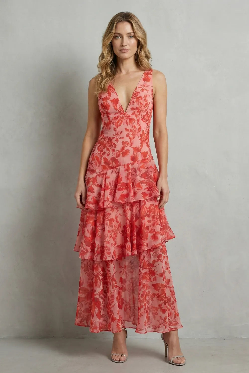 Crimson blossom layers – Tiered chiffon maxi dress