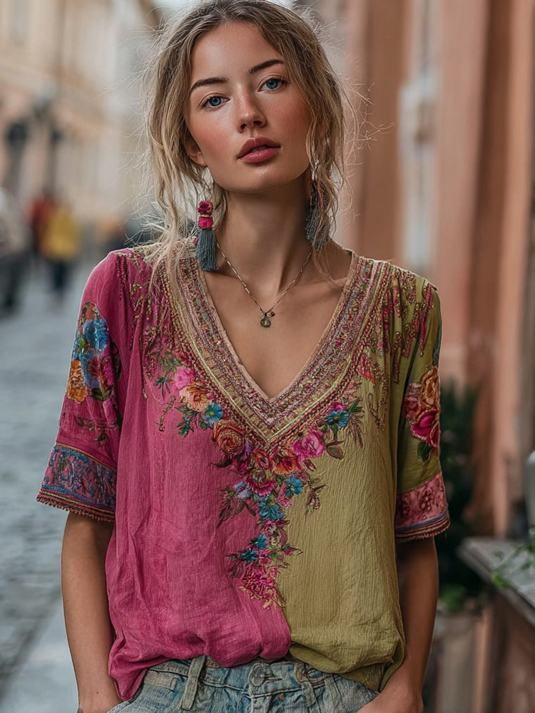 Women's Vintage Bohemian Floral Embroidery Art V-neck Linen Blend T-shirt