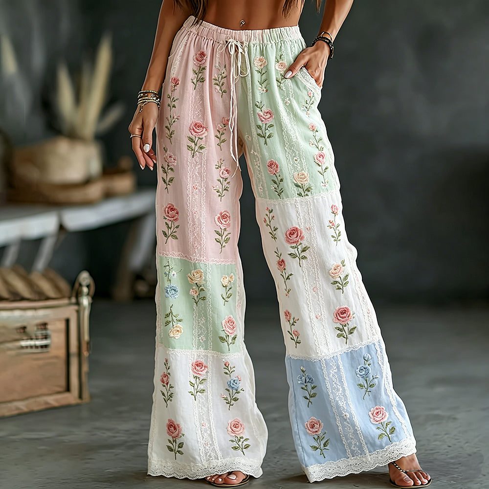 Vintage Rose Art Embroidery Color-block Spliced Comfortable Cotton Linen Trousers