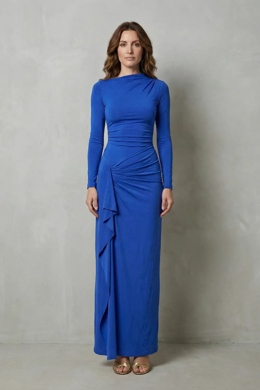 Sculpted side drape – Long sleeve maxi gown