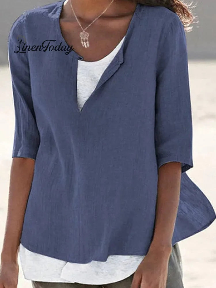 Women's Solid Color Loose Elegant Casual Cotton And Linen Mid-sleeve Shirt