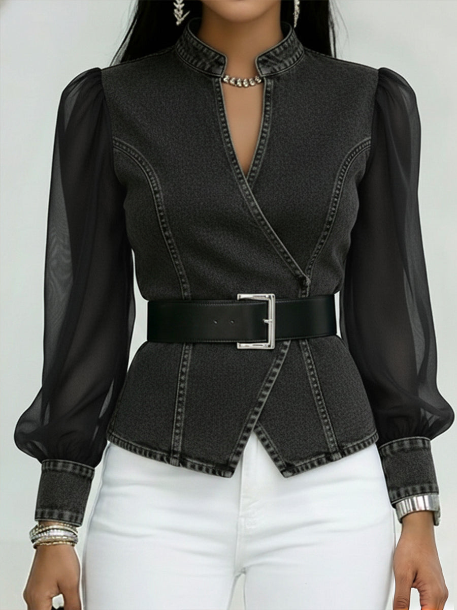 Elegant, Slim-fitting Denim Top With Organza Sleeves.
