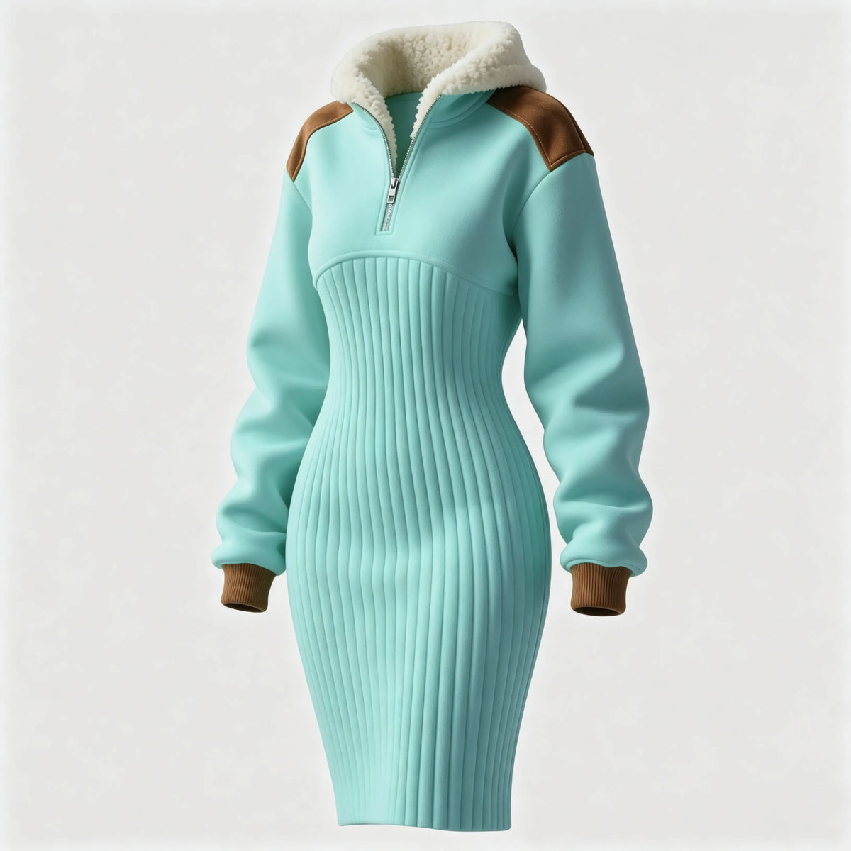 Women's Contrast Color Stitching Suede Lambswool Lapel Hooded Long Sweatshirt
