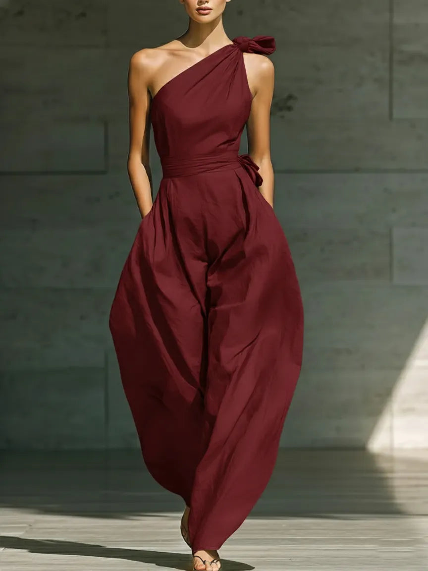 Elegant Off-the-shoulder Loose Linen Jumpsuit