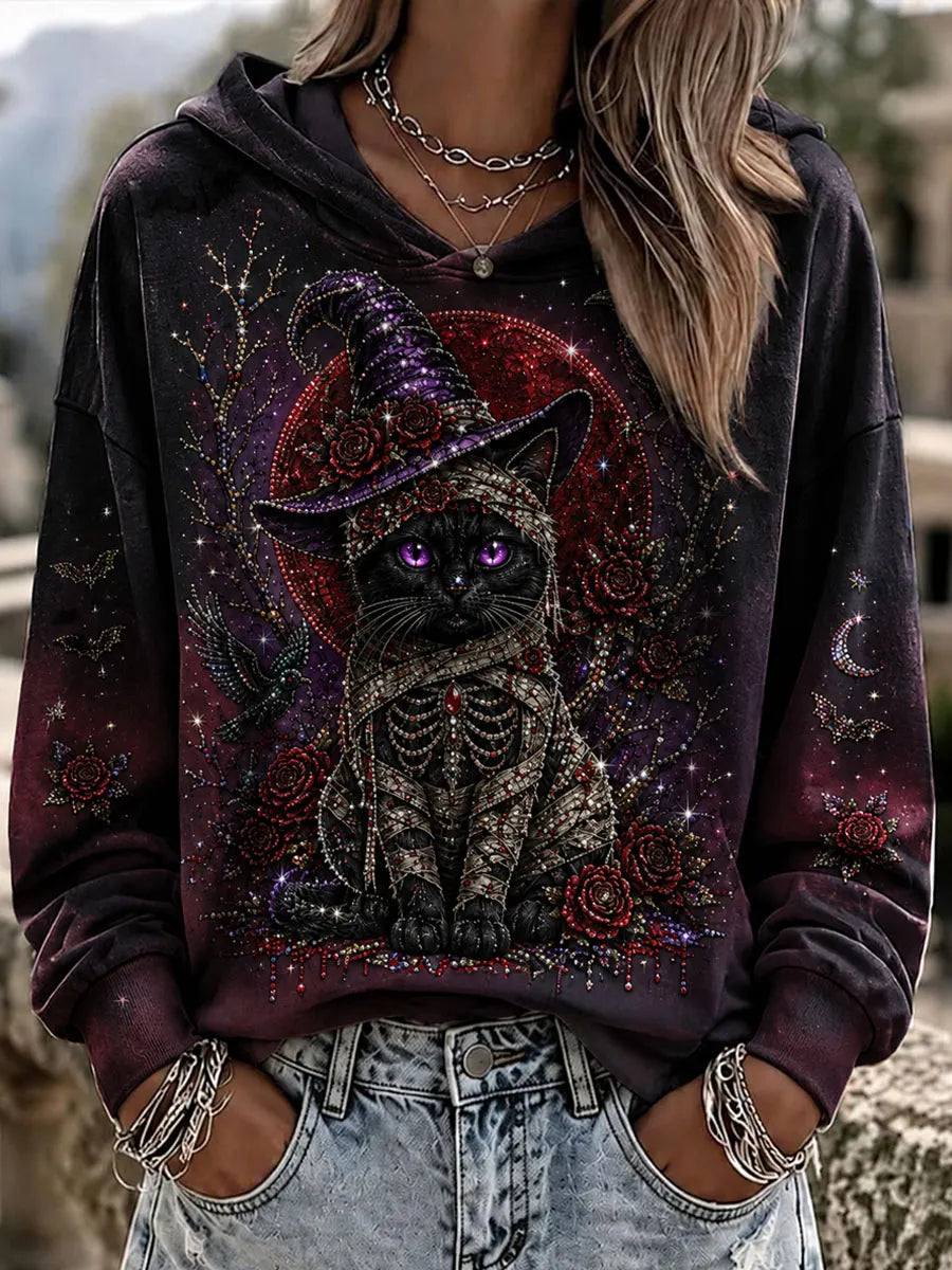 Women's Halloween Black Cat Art Print Casual Hoodie