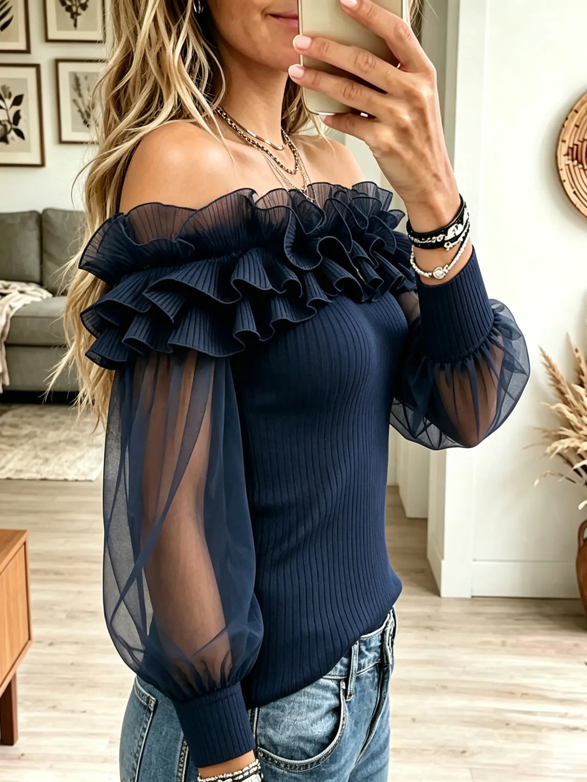 Women's Pleated Ruffle Sheer Sleeve Off-the-Shoulder Top