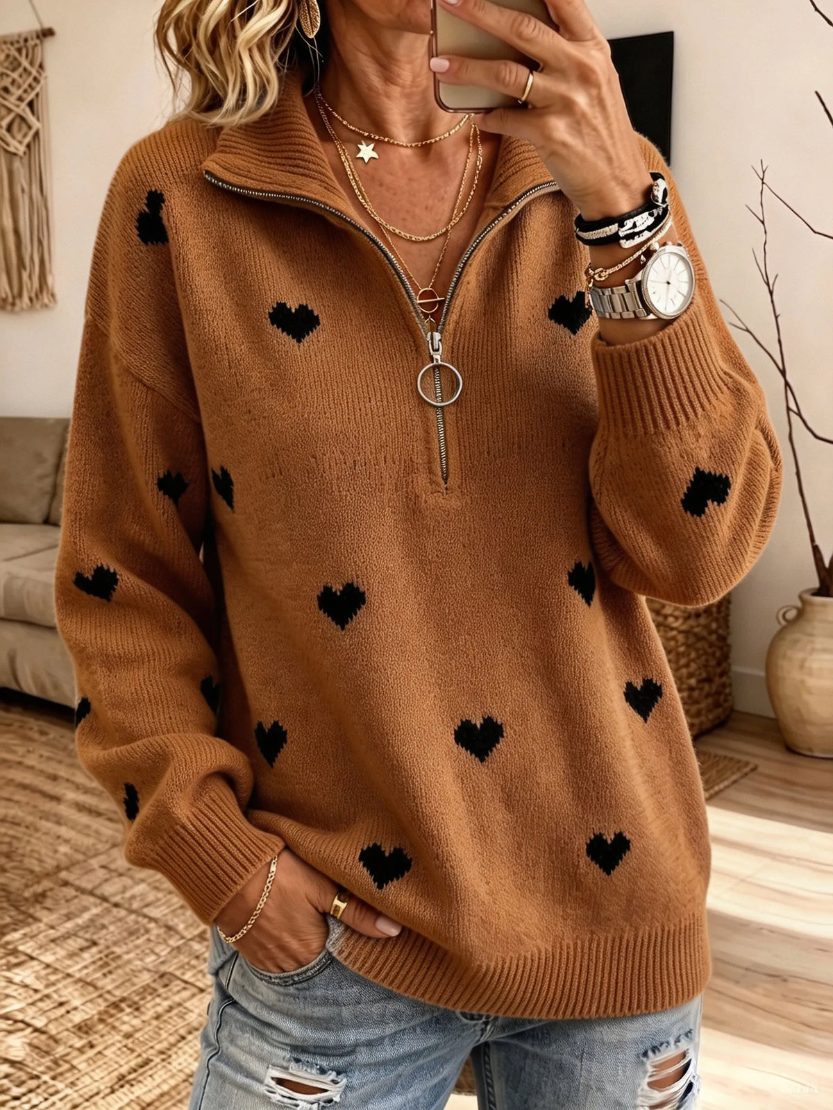 Women Heart Jacquard Half‐Zip Collar Sweater Long Sleeve Loose Knit Jumper
