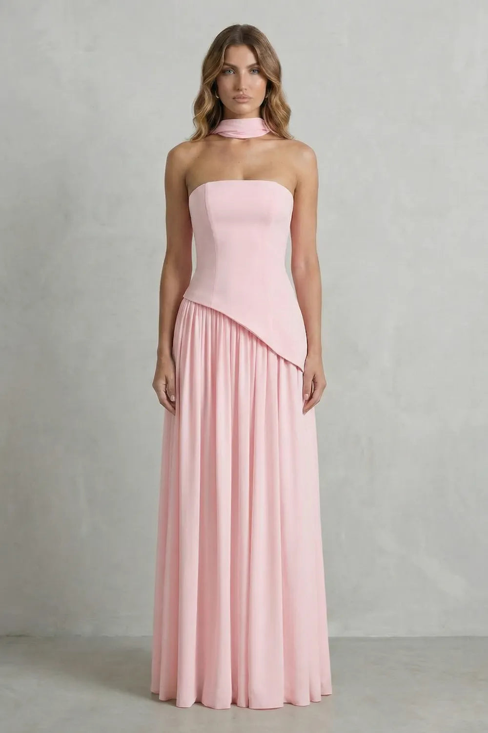 Sculpted draped slit – Strapless maxi dress