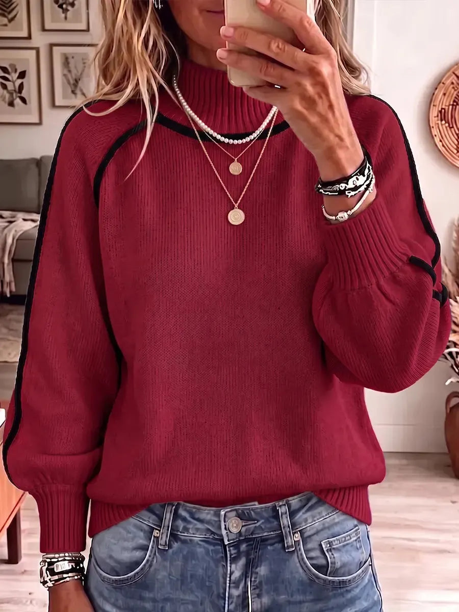 Vintage Elegant Knit Top Color-blocked Turtleneck Warm Sweater