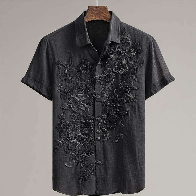 Men's Black Lace Flowers Embroidered Vintage Linen Shirt