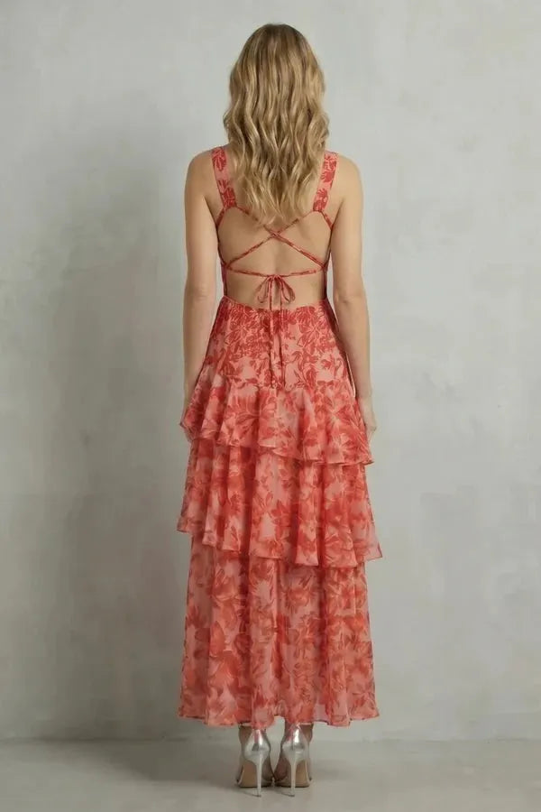 Crimson blossom layers – Tiered chiffon maxi dress