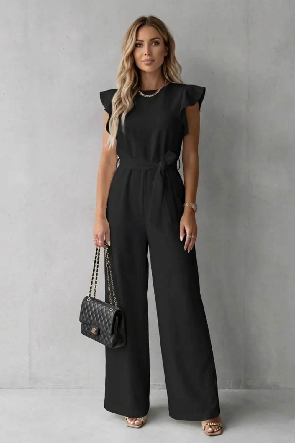 Ruffle sleeve belted – Wide-leg jumpsuit