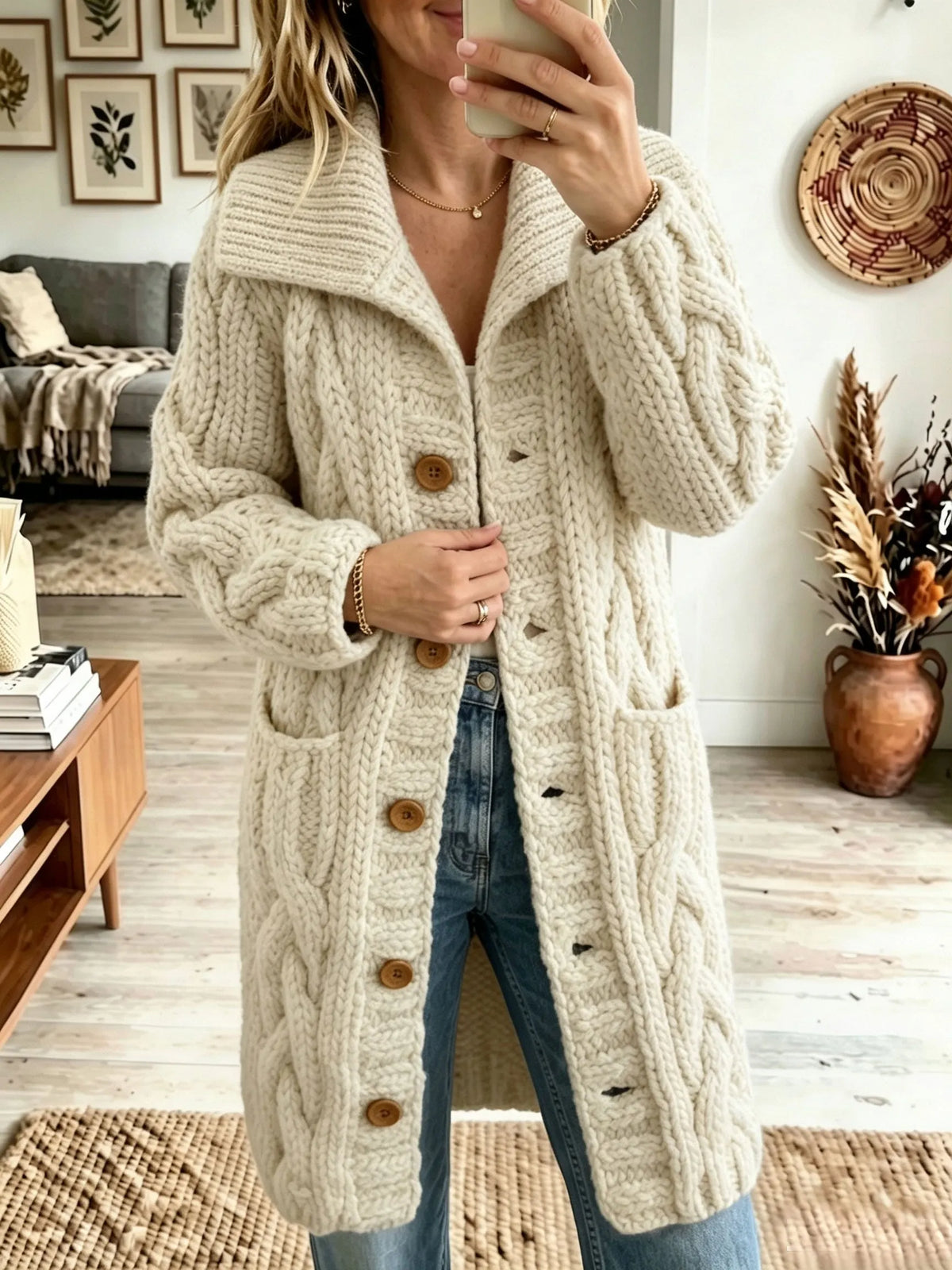 Women Lapel Chunky Cable Knit Cardigan Button‐Front Mid‐Length Sweater Coat