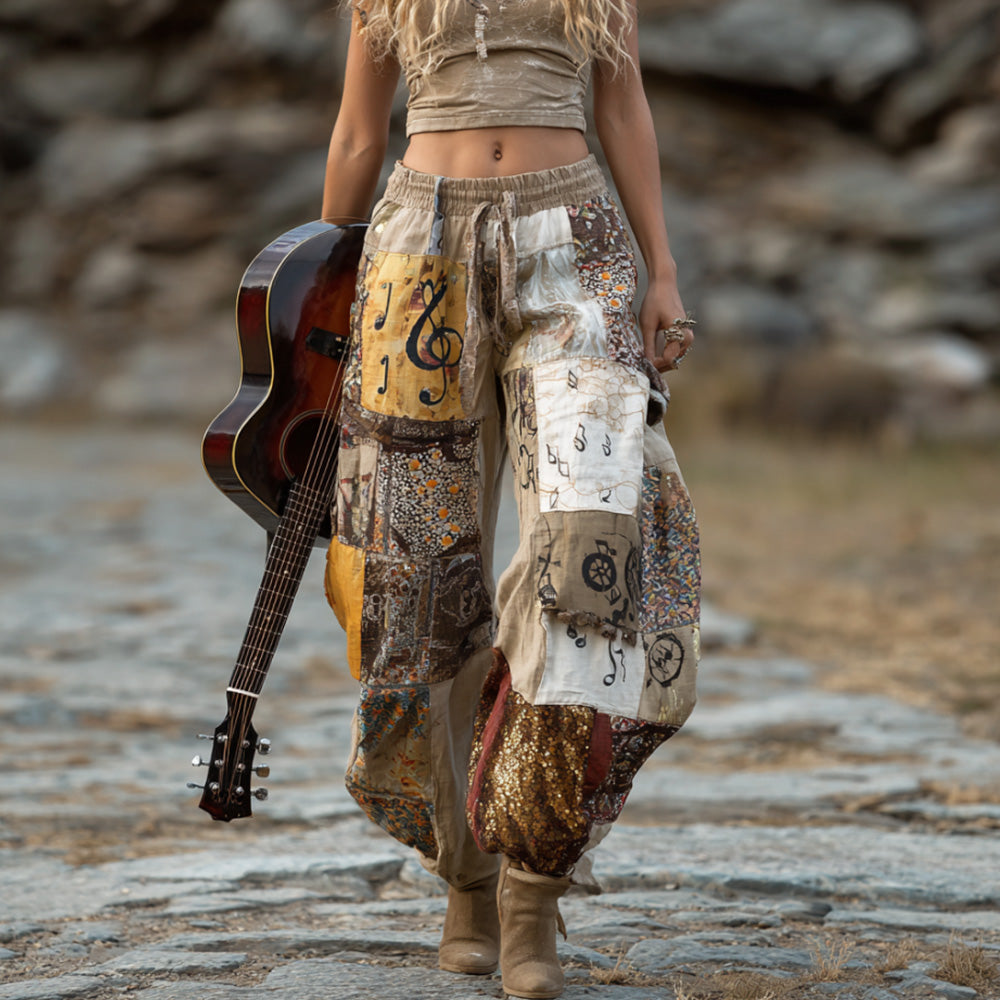 Women's Retro Hippie Style Music Symbol Print Elastic Waist Pants