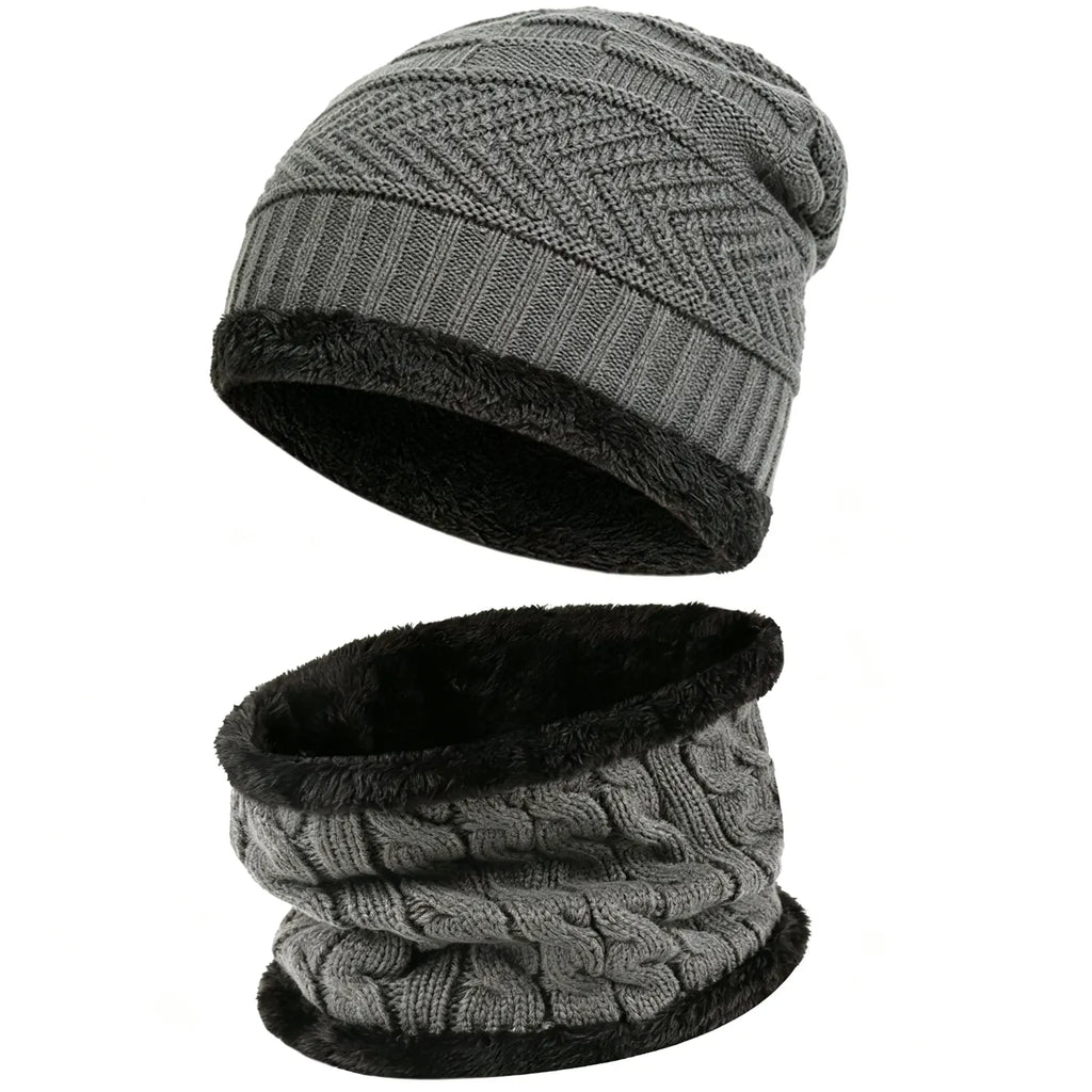 Mens Womens Winter Beanie Hat Scarf Set Warm Knit Hat Thick Fleece Lined Winter Cap
