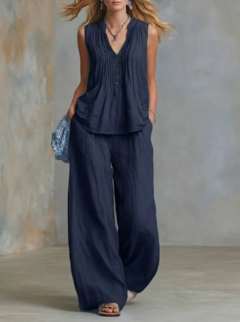 Casual Linen And Cotton Pleated Sleeveless Top And Pants Two-piece Set