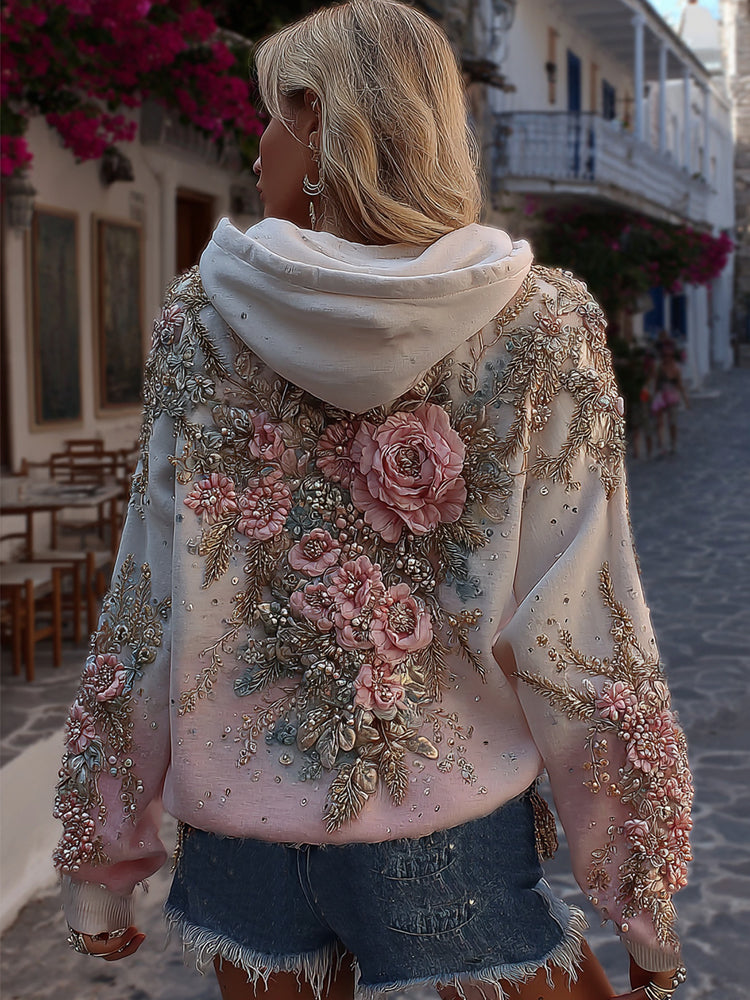 Women's Classic Rose Embroidery Art Comfy Hoodie