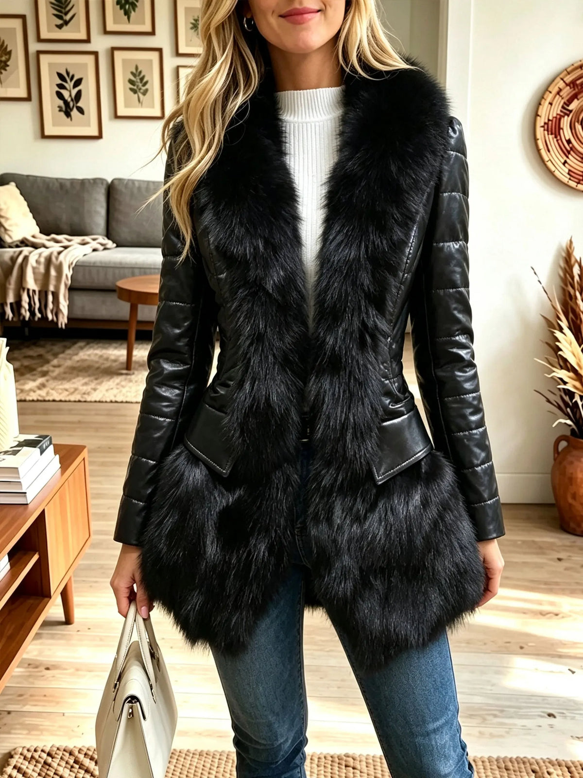 aux Leather Faux Fur Spliced Waist‐Tight Coat, Women Lapel Slim Fit Winter Outerwear