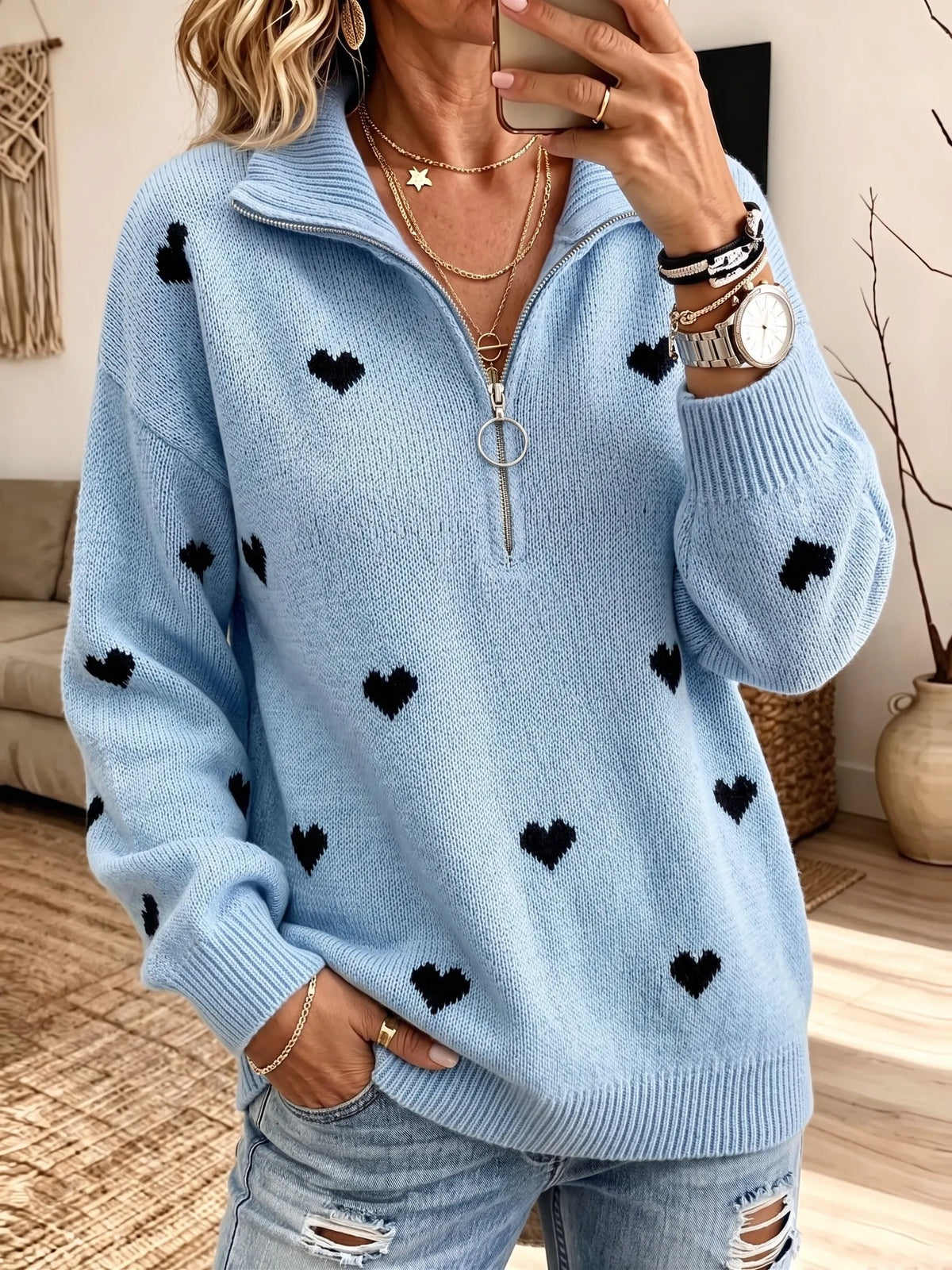 Women Heart Jacquard Half‐Zip Collar Sweater Long Sleeve Loose Knit Jumper