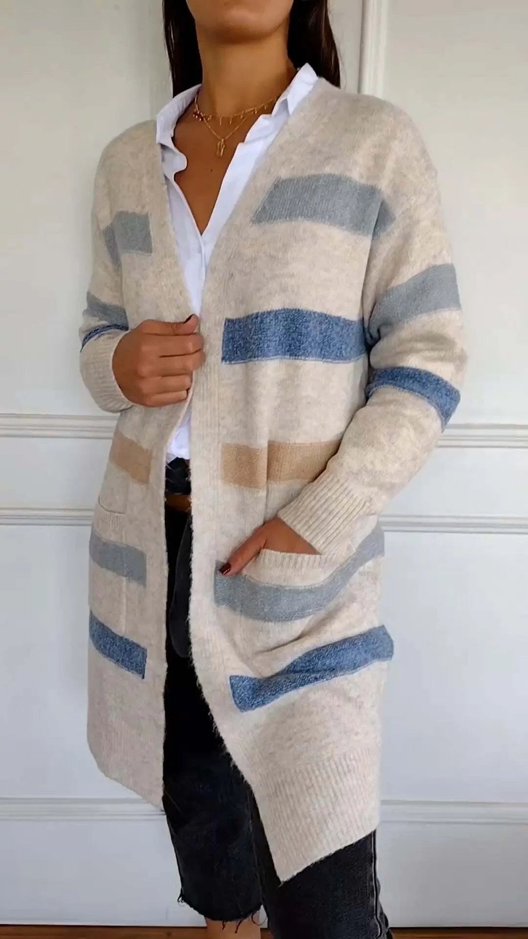 Striped Knitted Long Cardigan